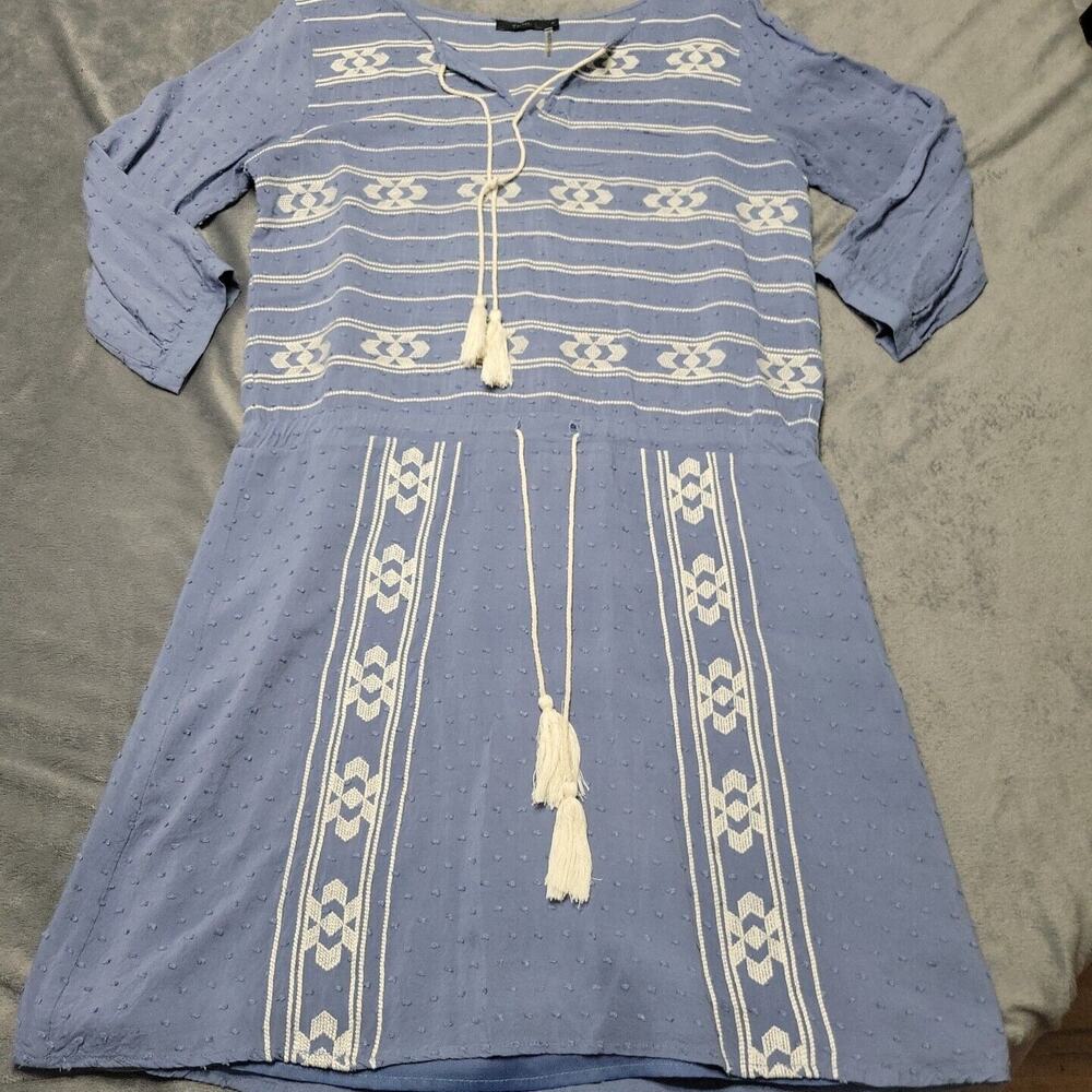 THML Women Small Shirt Dress Blue V Neck 3/4 Sleeve Tassle Embroidered Swiss Dot
